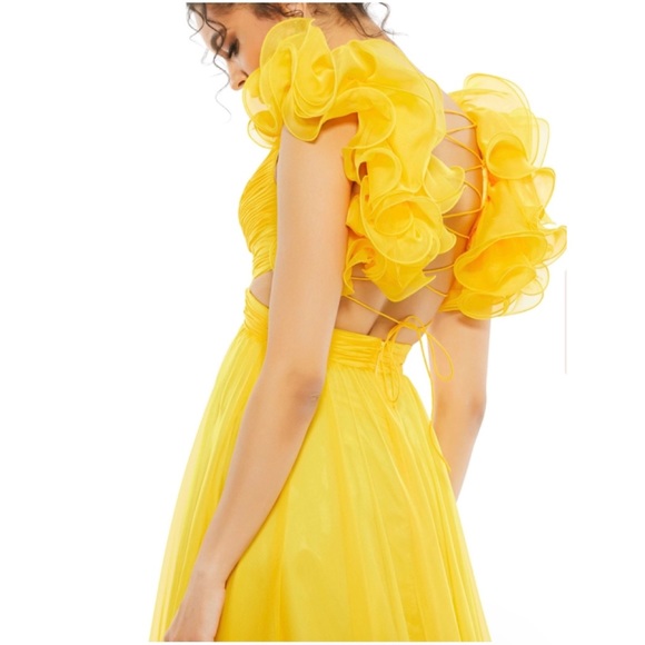 Ruffle Shoulder Lace Up Gown in Sunshine from Mac Duggal - Picture 3 of 5